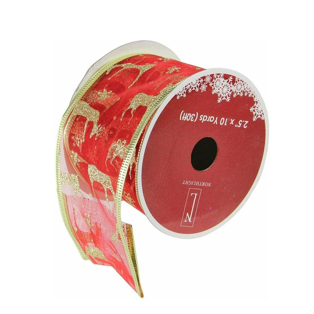 Northlight Club Pack of 12 Red and Gold Reindeer Wired Christmas Craft Ribbon